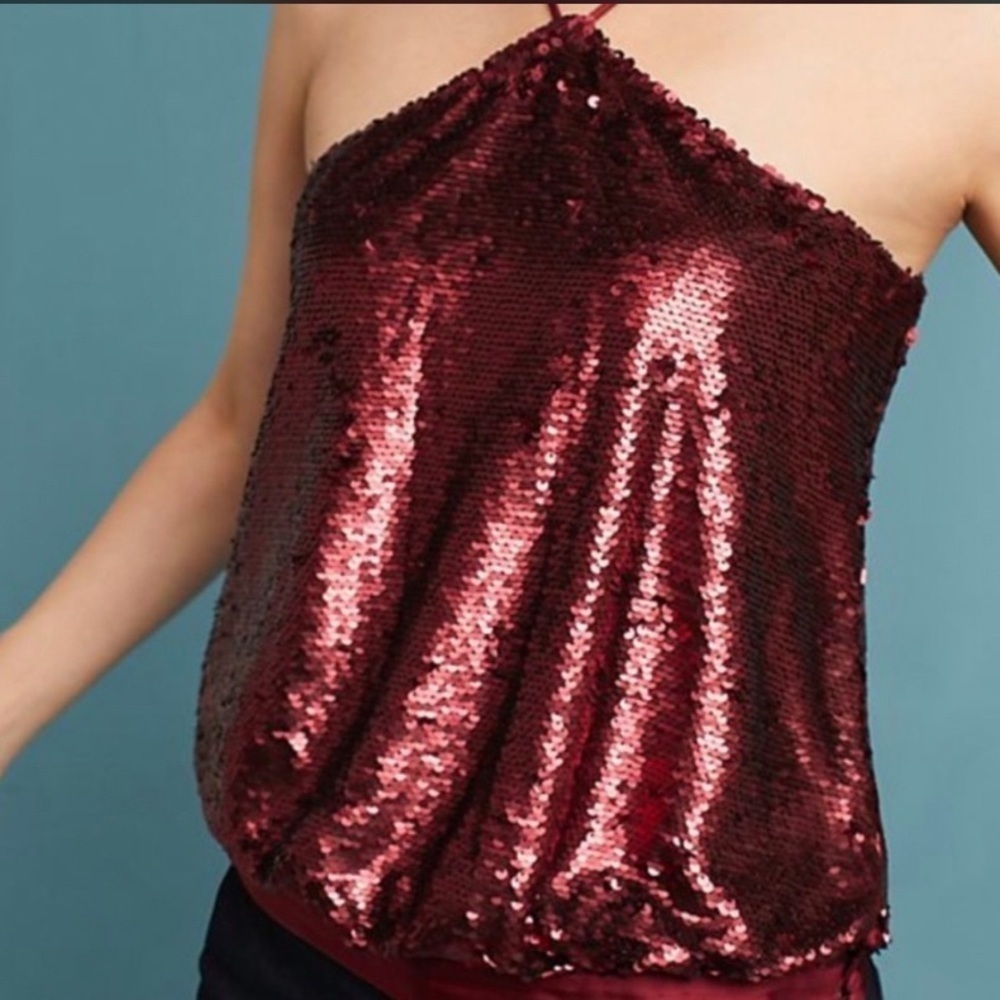 Anthropologie Sunday in Brooklyn Sequined Halter Top, size M, deep red, GUC - Picture 2 of 8